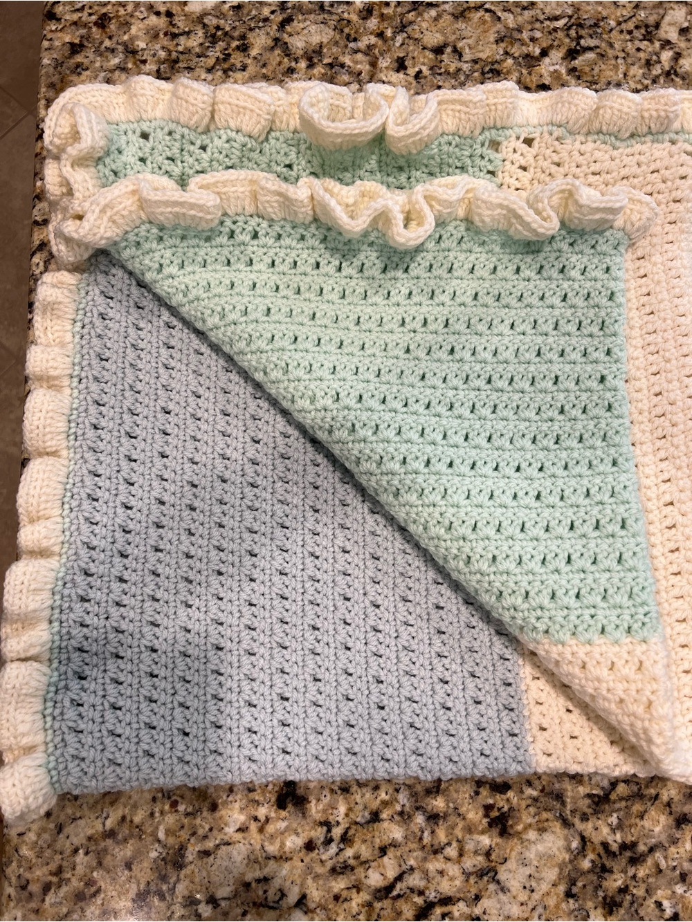 Cream, Mint and Light Blue Hand-Crocheted Ruffle Baby Blanket